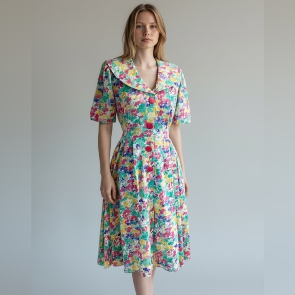 Vintage 80s Floral Button-Front Dress With Sailor Collar Size Small